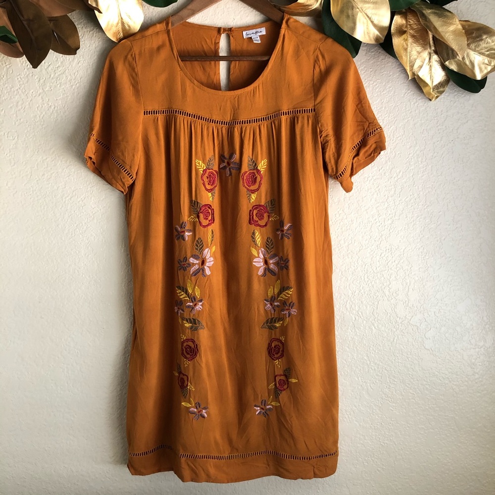 LOVE, FIRE Mustard Brown Embroidered Dress
